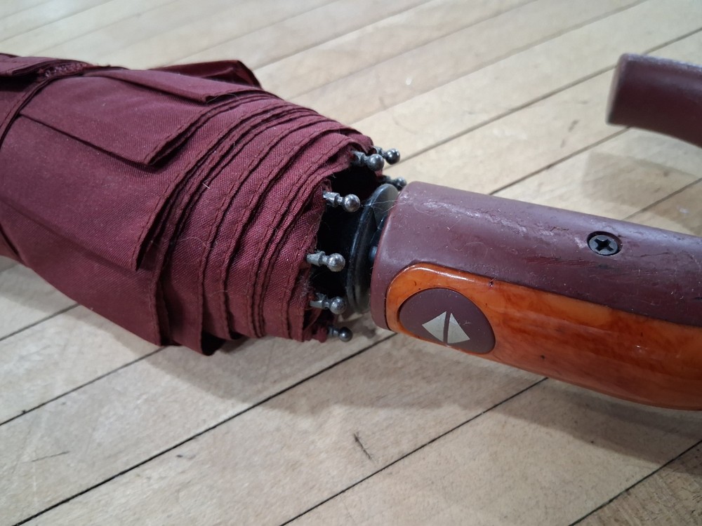 Red Double Canopy Automatic Umbrella with Curved Wood Handle