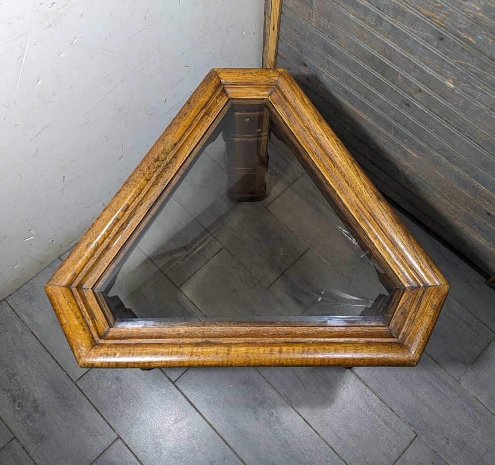 Vintage Rustic Carved Oak Wood Triangular Side Table Spanish Colonial Style