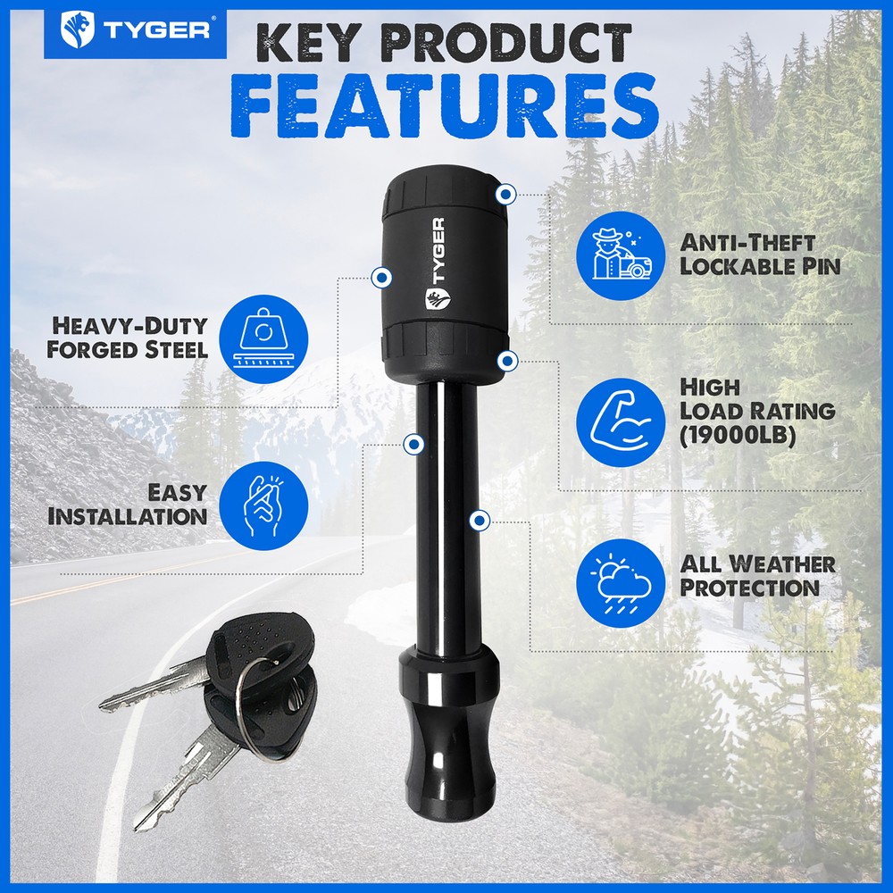 TYGER Solid Hitch Pin Lock (2 Pack) for 5/8" Holes on 2" Receiver Class III IV V