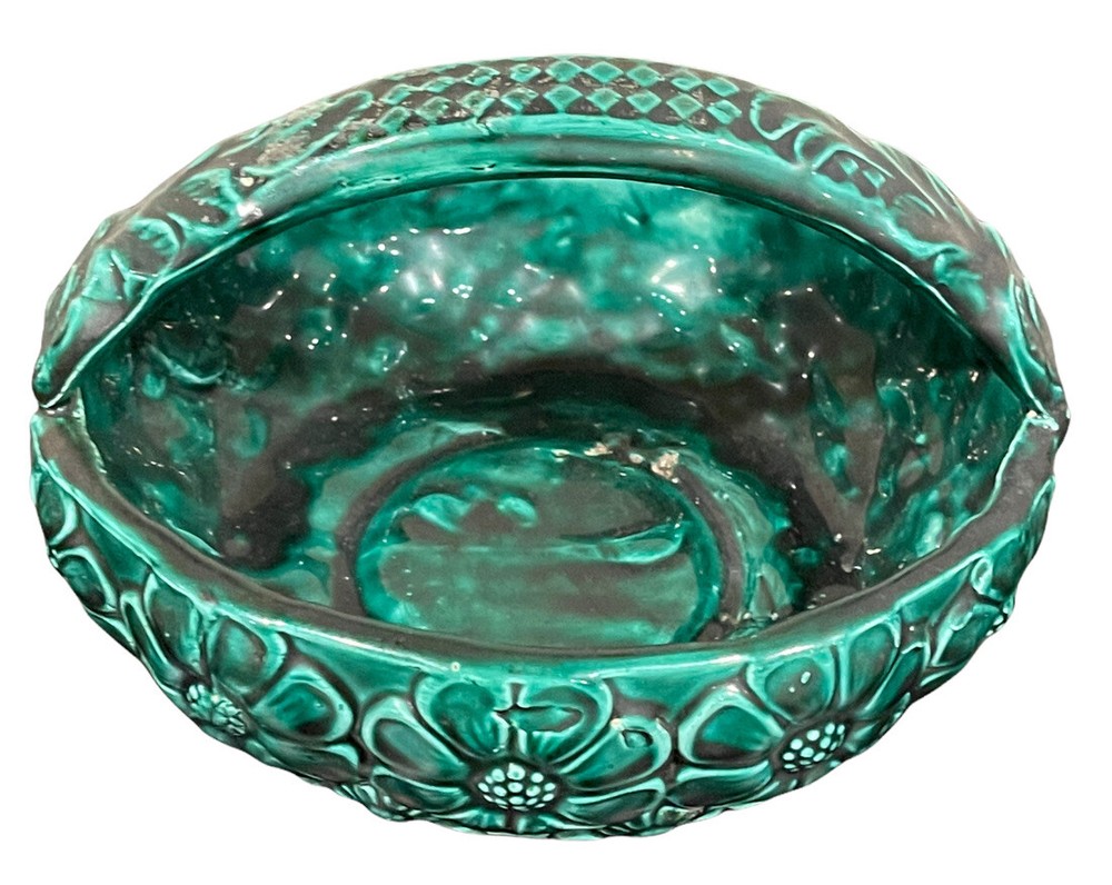 Vintage Signed Handmade Pottery Green Glazed Daisy Pattern Flower Basket Planter