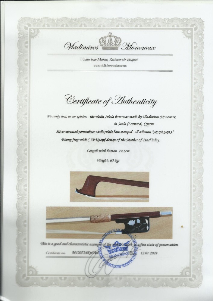 Certificate for Brand new silver mounted pernambuco "Monomax" violin/viola bow