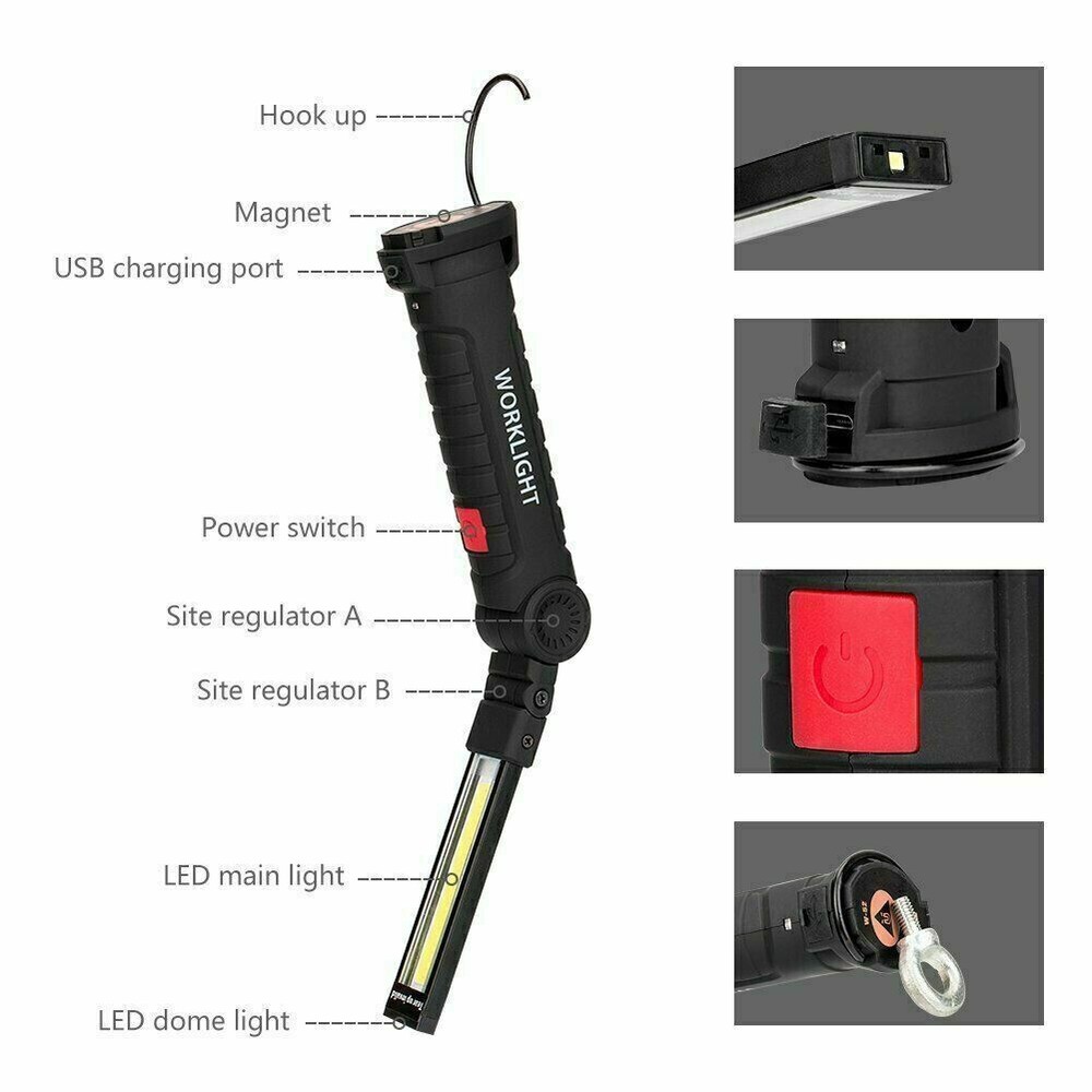2PCS Work Light LED COB Mechanic Flashlight Lamp Rechargeable Magnetic Base Hook