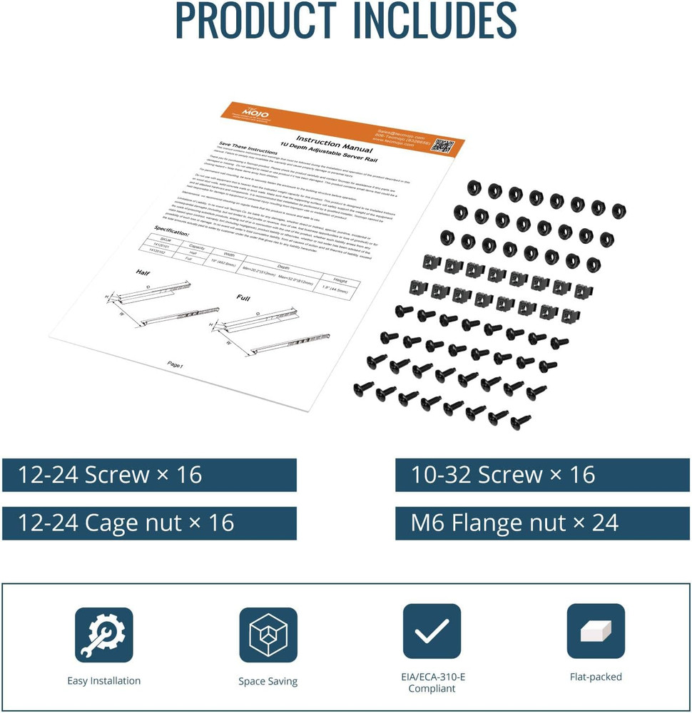 2 Pack 1U Universal Rack Mount Rails4-Post Server Rack Shelf Rail