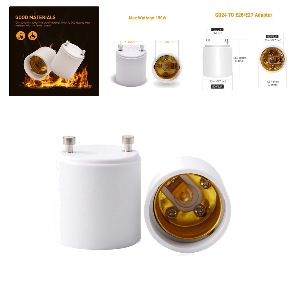 2 Pack Fireproof GU24 to E26/E27 Adapters: 392℉ Heat Resistant Solution