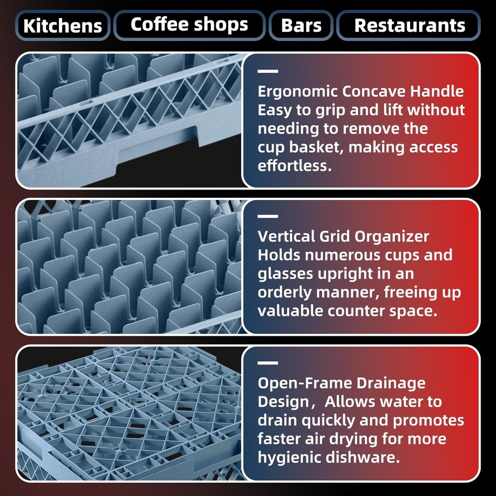 Commercial Cup Rack 3 Packs 25 Compartment Base with 2 Extenders | Polypropyl...