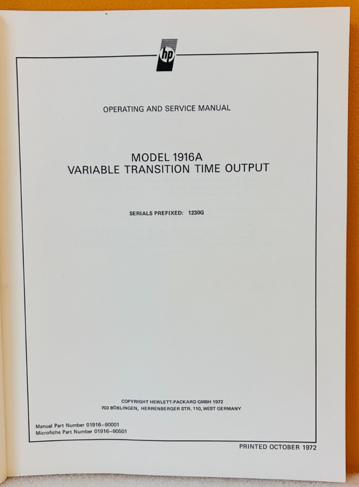 HP 01961-90001 Model 1916A Variable Transition Time Output Oper & Service Manual
