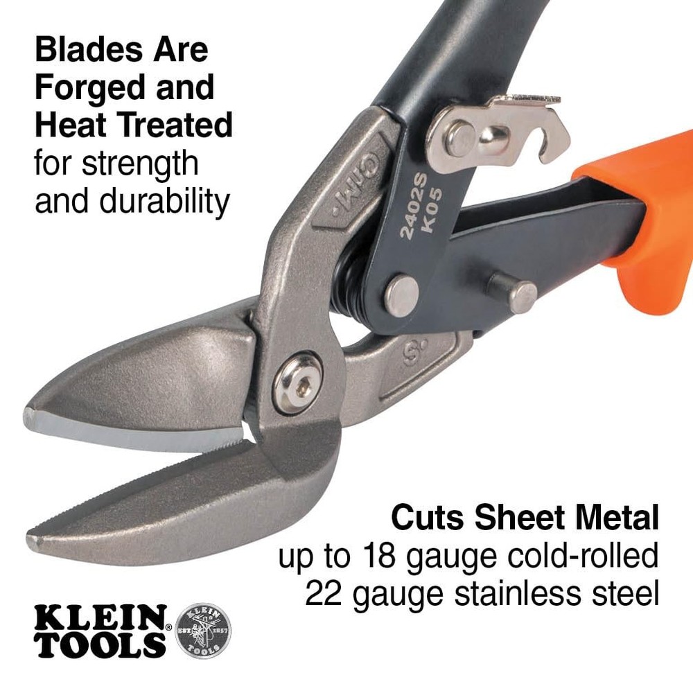 Klein Tools 2402S Straight-Cutting Offset Snips, Aviation Tin Snips with Forg...