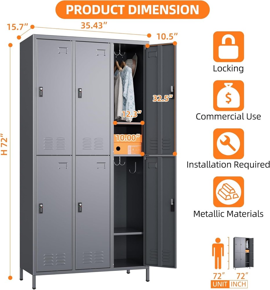 Combination Lock Metal Storage Locker For Employees, 6 Doors Lockable Storage