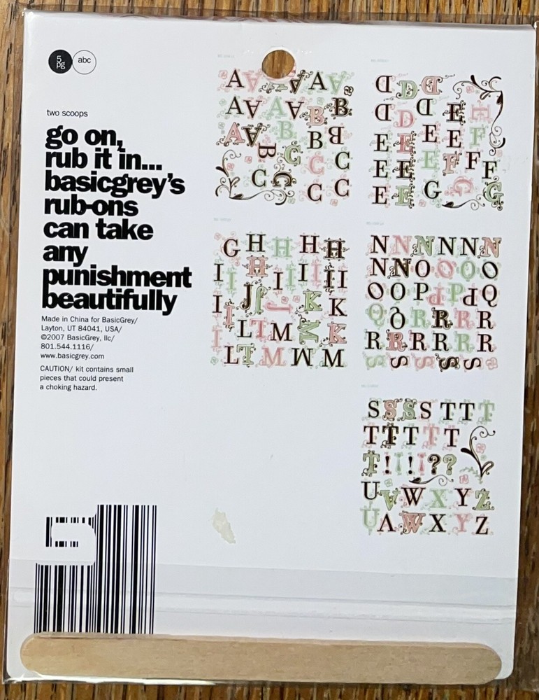 Vintage Rare Basic Grey ~ABC Two Scoops~ Rub-Ons Alphabet Alphas Letters 5 Pages