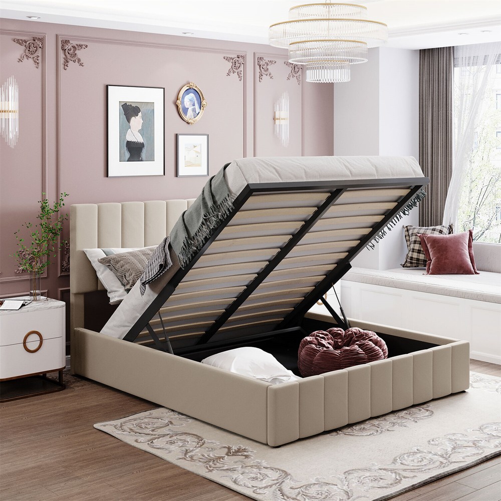 Queen Size Bed Frame Upholstered Platform Bed w/ Hydraulic Storage System