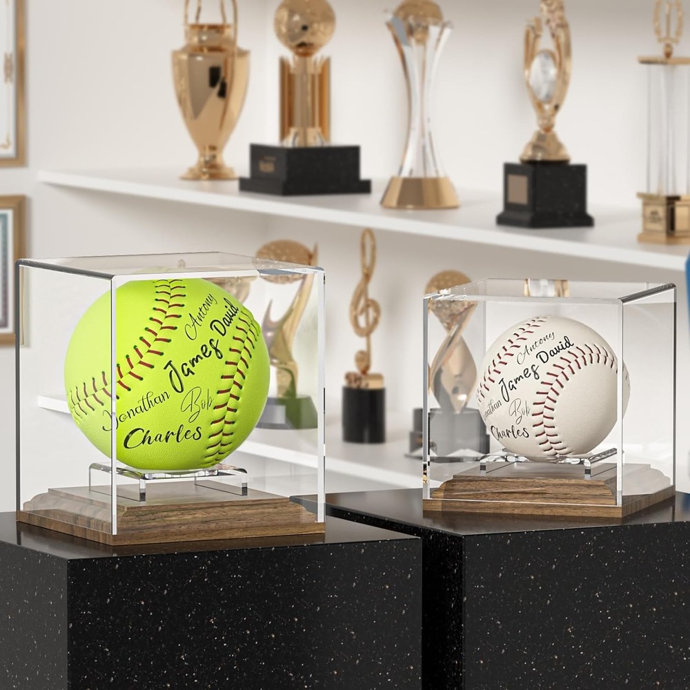 Baseball Case Display for Balls Walnut Wood Base Acrylic Clear