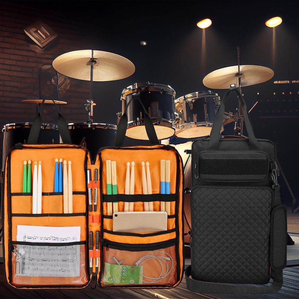 Drum Stick Bag with Hanging Hooks, Drum Mallet Storage with Adjustable Should...