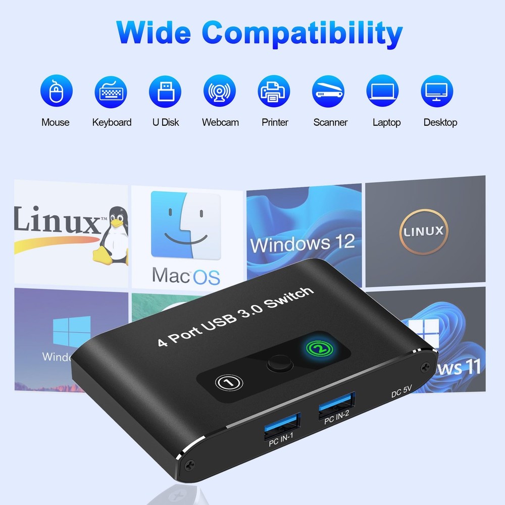 USB 3.0 Switch, 2 Computers Share 4 USB Devices, KVM Switcher, 2 USB Cables