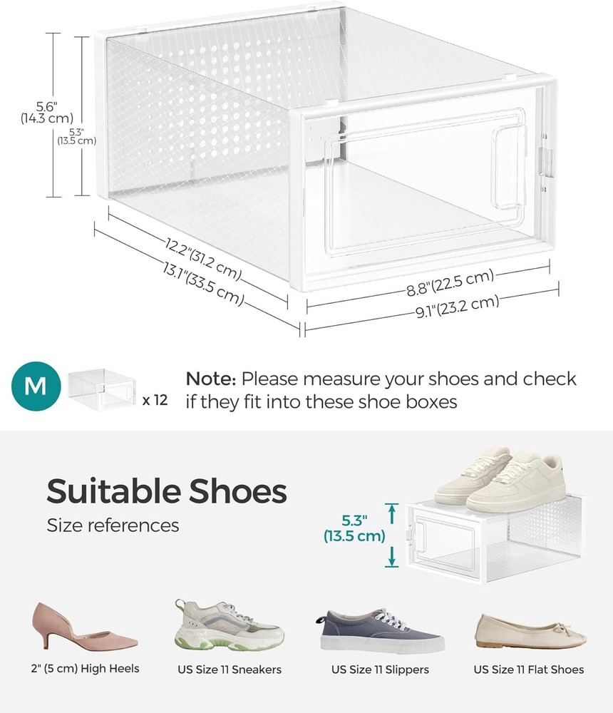 Shoe Boxes Pack of 12 Shoe Storage Organizers Stackable Clear Plastic Boxes