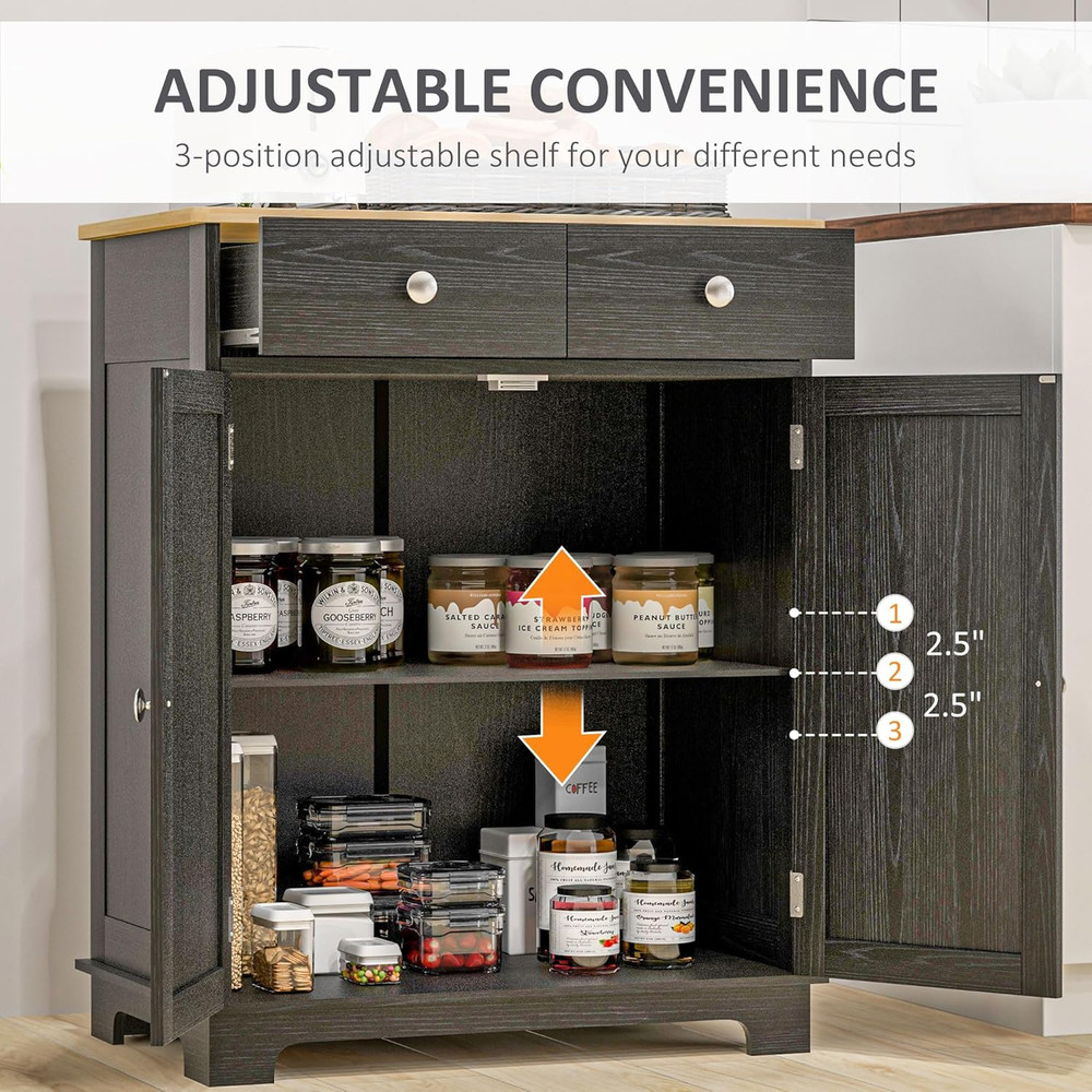Modern Distressed Black Sideboard Buffet Cabinet with Solid Wood Top & Storage