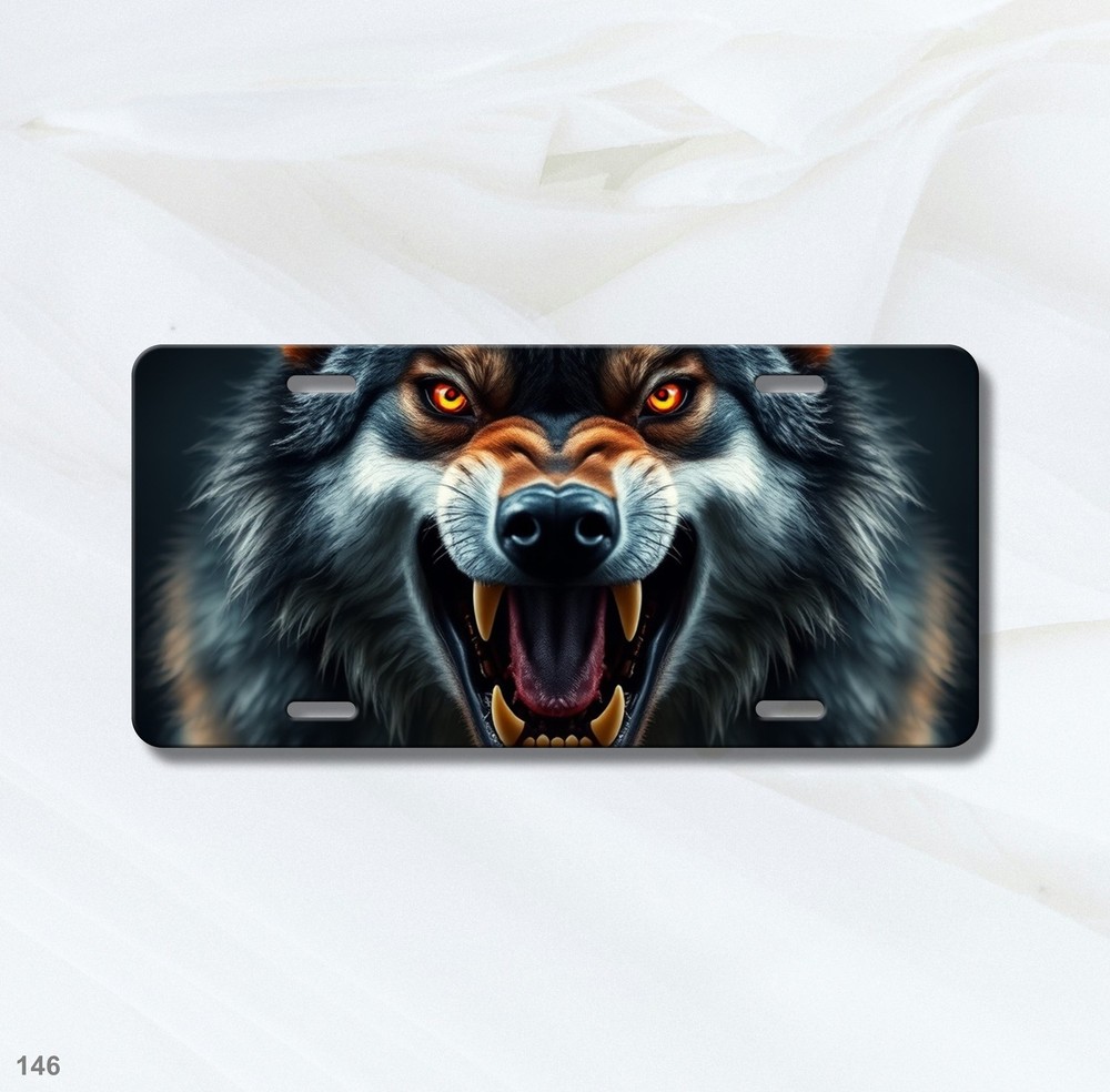 Fierce Wolf License Plate with Sharp Teeth Your Text Front Plate Special Gift