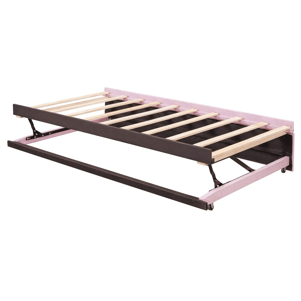 Twin Size Daybed Linen Upholstered Bed Frame Sofa Bed w/ Pull Out Trundle Bed