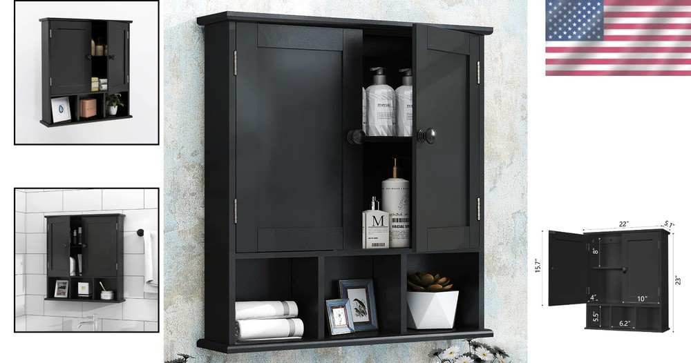 Space-Saving Black Wall Cabinet with 2 Doors and Adjustable Storage Shelves