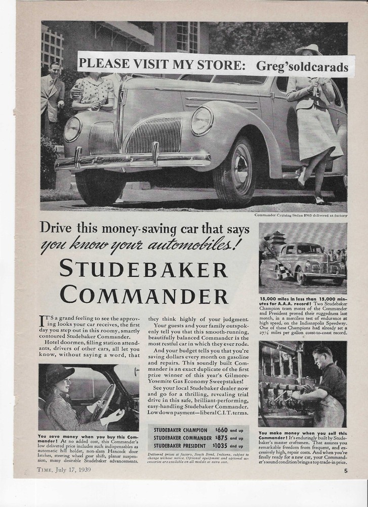 Original 1939 Studebaker Commander Sedan  vintage print ad