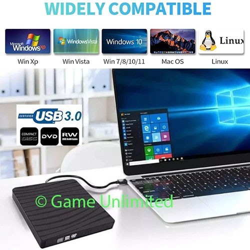Slim USB 3.0 CD/DVD Writer Burner Player ASUS HP Dell Lenovo LINUX Windows PC