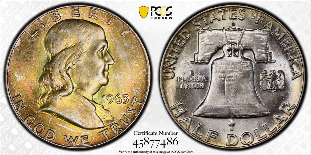 1963 D Franklin Half Dollar PCGS MS64 Rainbow Toned Nice Luster Pretty Example