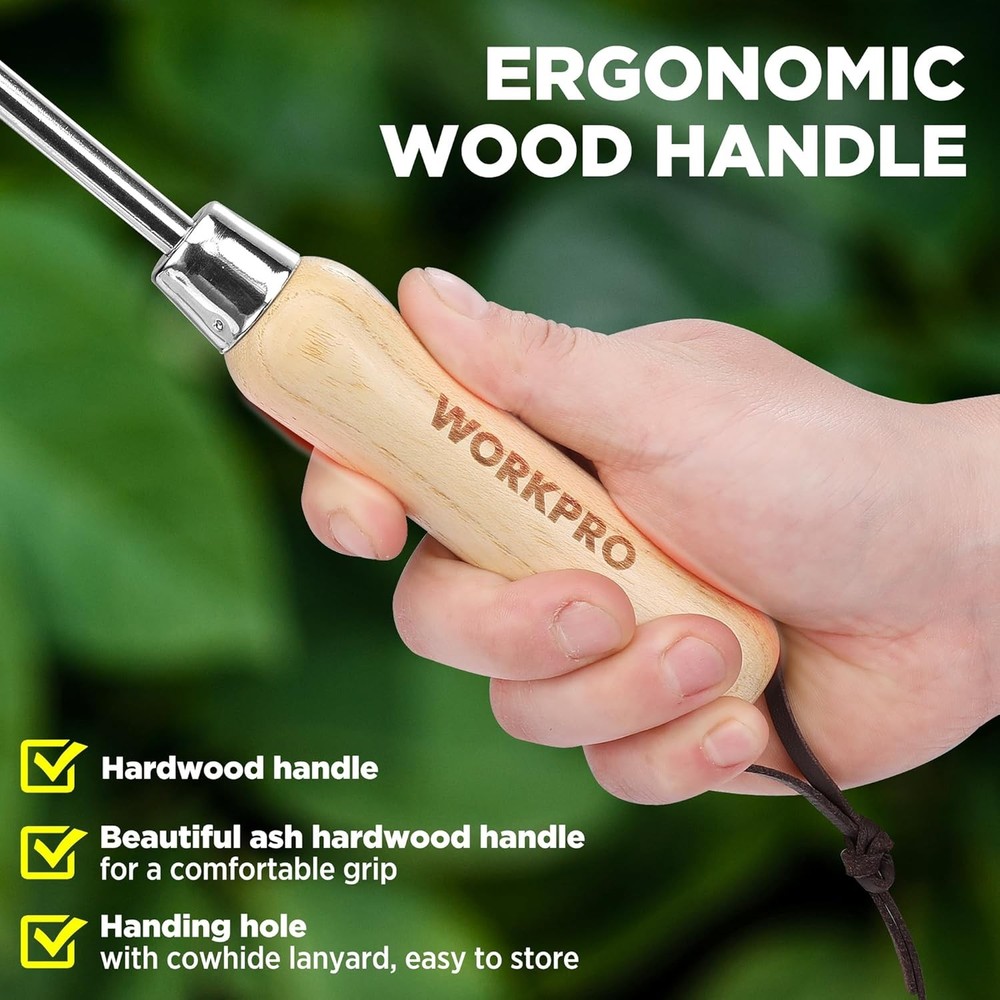 WORKPRO Dandelion Weeder Puller Tool with Wood Handle, Polished Stainless Steel