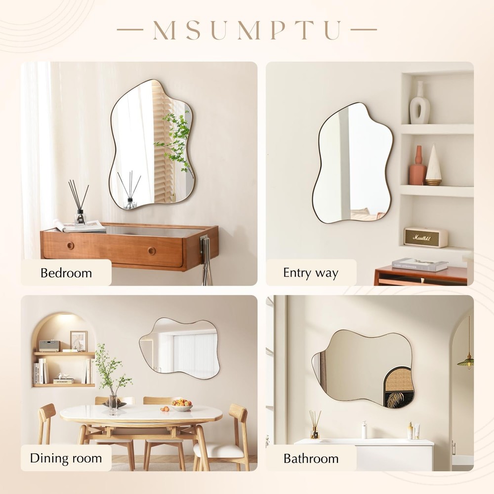 Irregular Wall Mirror Brass Wave Shaped Metal Framed Wall Mirror for Bathroom...