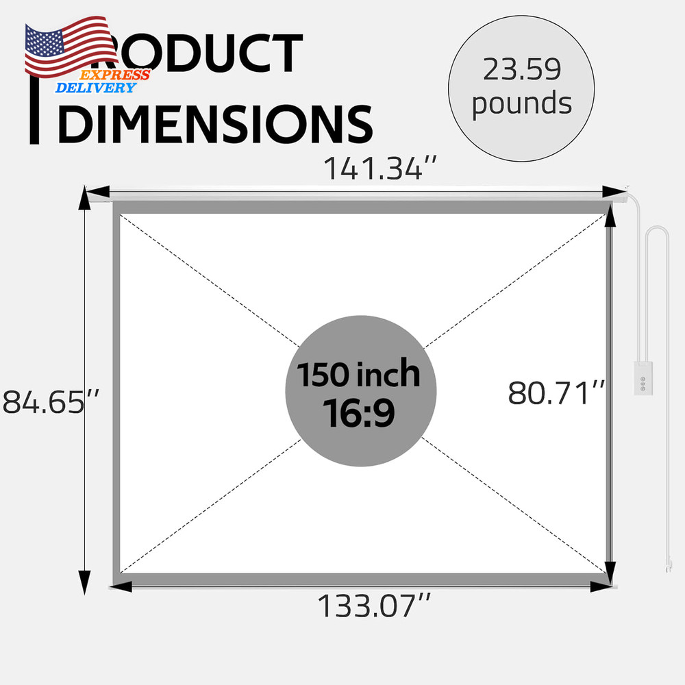 150" Projector Screen Motorized 16:9 4K HD Pull down Retractable Project Screen
