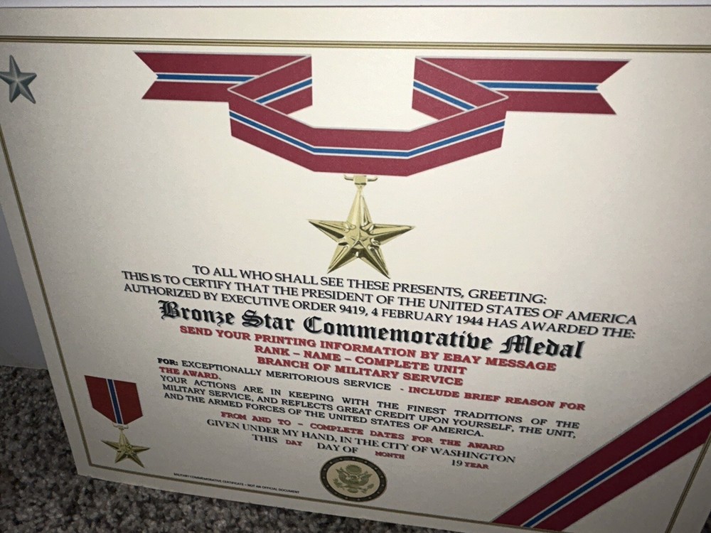 BRONZE STAR MEDAL COMMEMORATIVE CERTIFICATE ~ TYPE-2 w/PRINTING