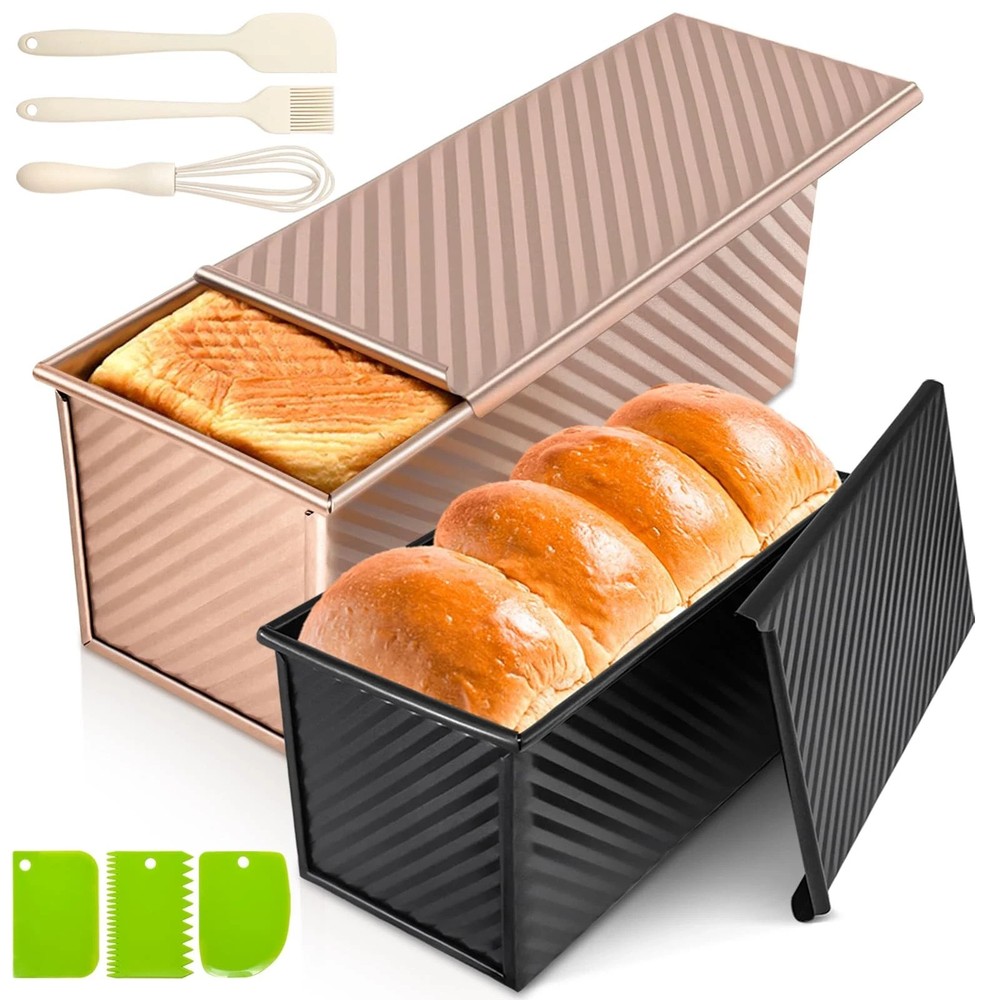 2Pack Pullman Loaf Pans with Lids 2.2 LB & 1 Dough Capacity Non-Stick Carbon
