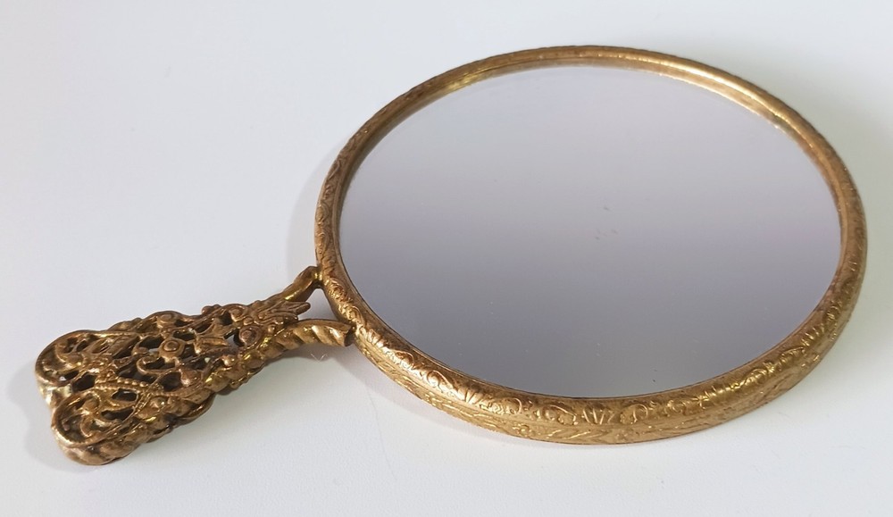Vintage (Antique?) 2-Sided Handheld Mirror w/ Ornate Brass? Handle
