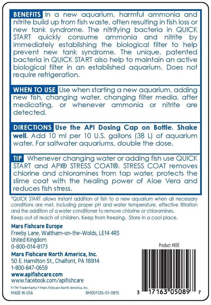 API QUICK START Nitrifying Bacteria & STRESS COAT Water Conditioner 16oz Each