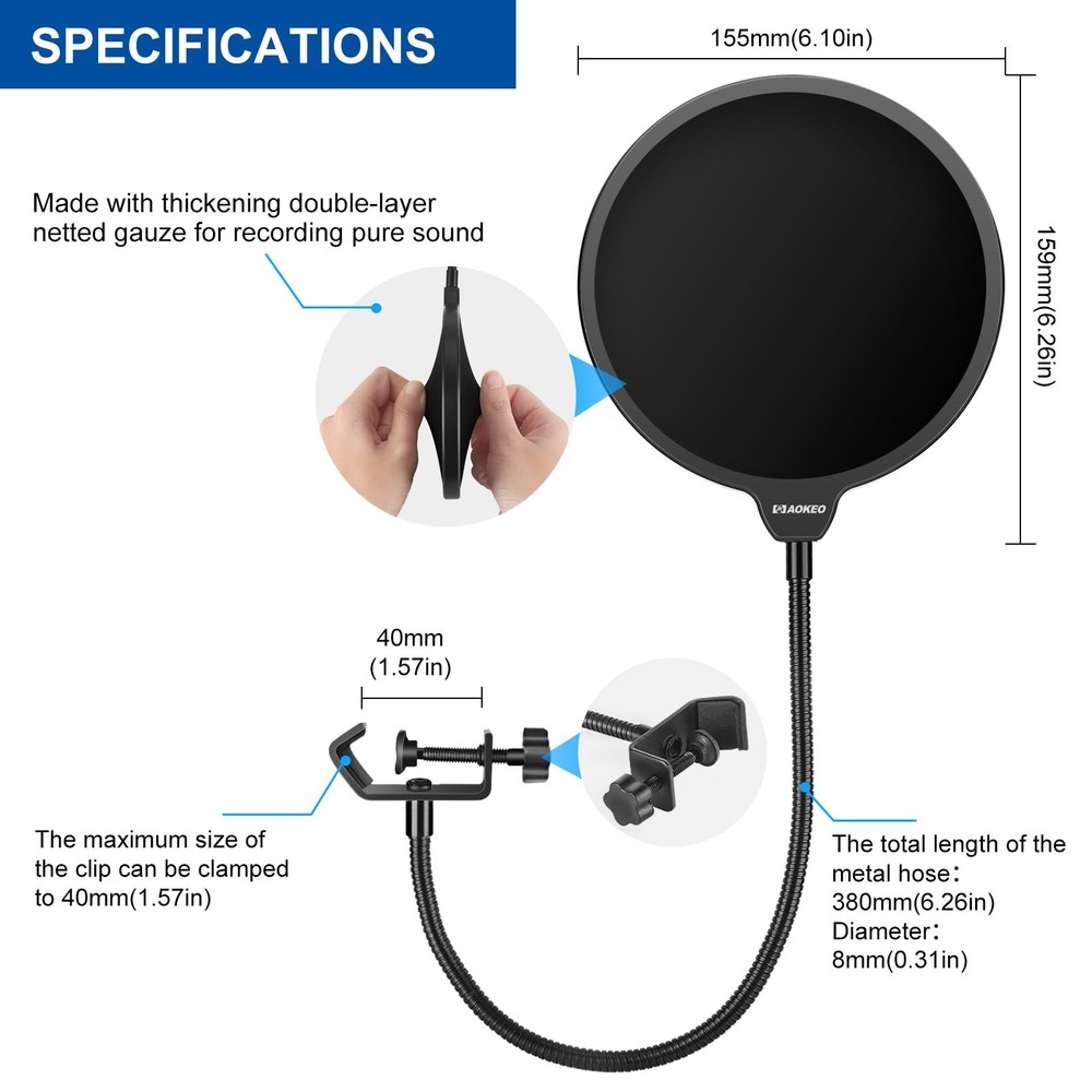 Aokeo Professional Microphone Pop Filter Mask Shield Filter,