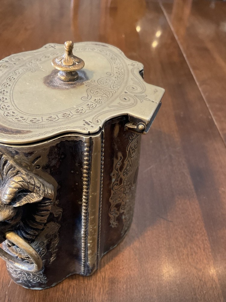 Antique Victorian Silverplate Silver Biscuit Tin / Tea Caddy Rams Head Etched