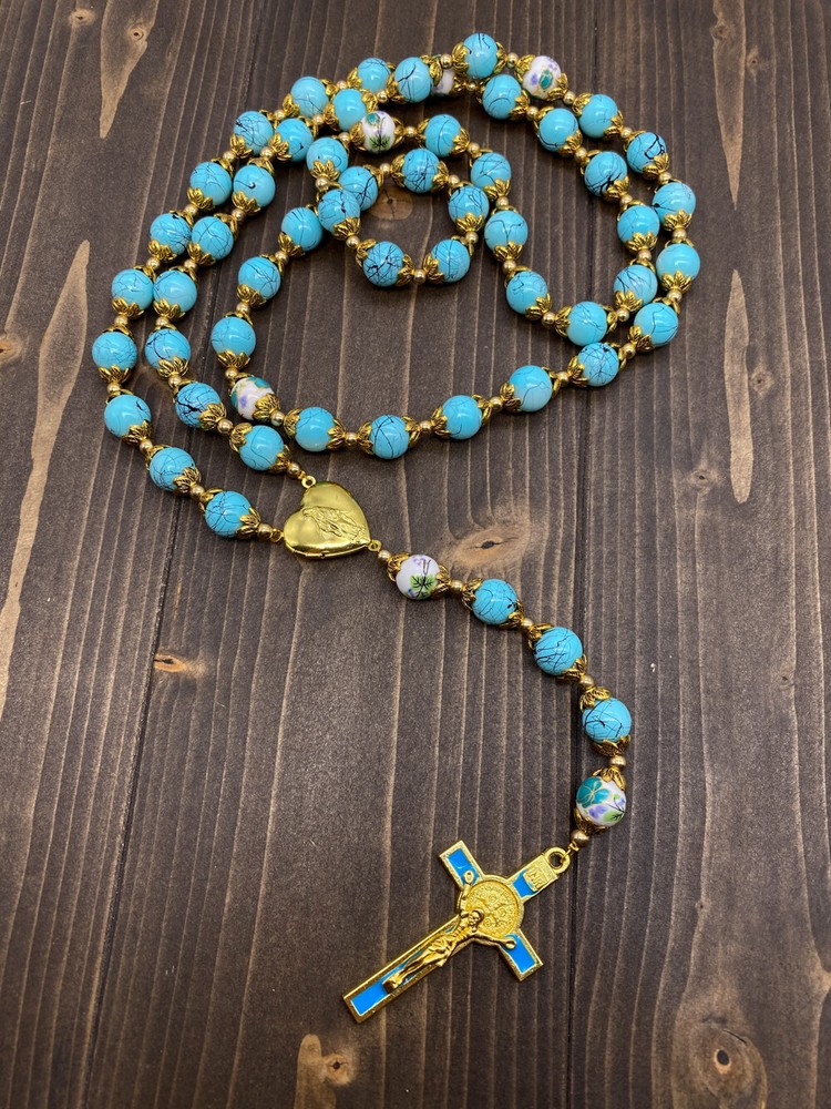 St. Benedict Turquoise Rosary Beads Catholic Necklace Flowers Mystery Beads