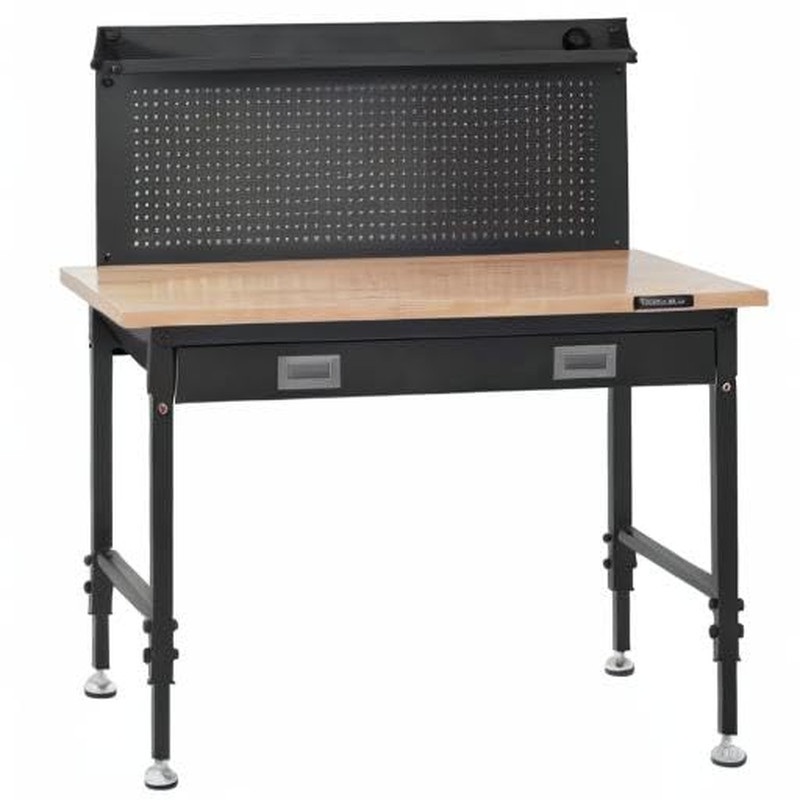 Workbench Adjustable Height 28-39.5" Work Bench for Garage Oak Plank & Carbon St