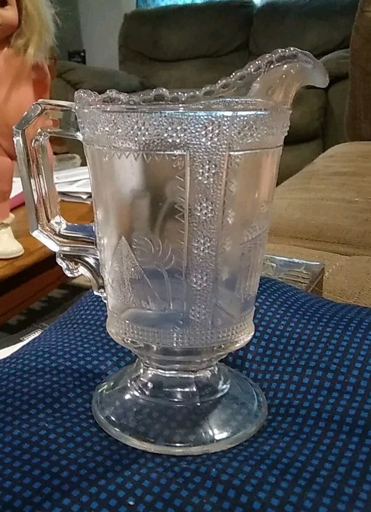 Embossed Footed Glass Pitcher with Pyramid & Sphinx