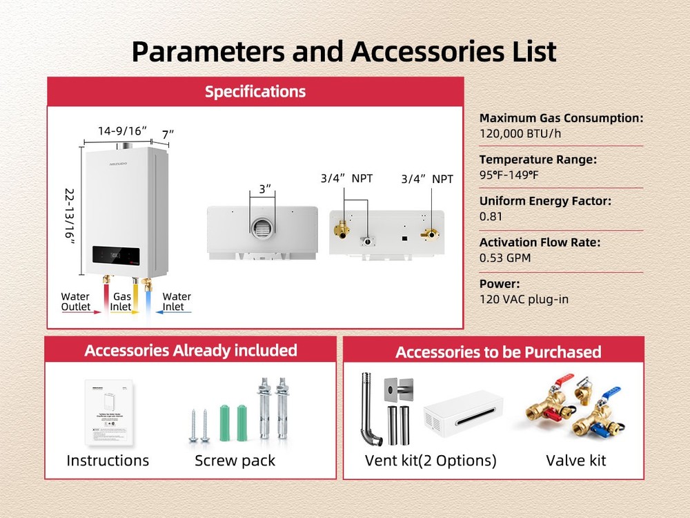 5.1 GPM 120,000 BTU Tankless Water Heater Natural Gas, Indoor or Outdoor Smart