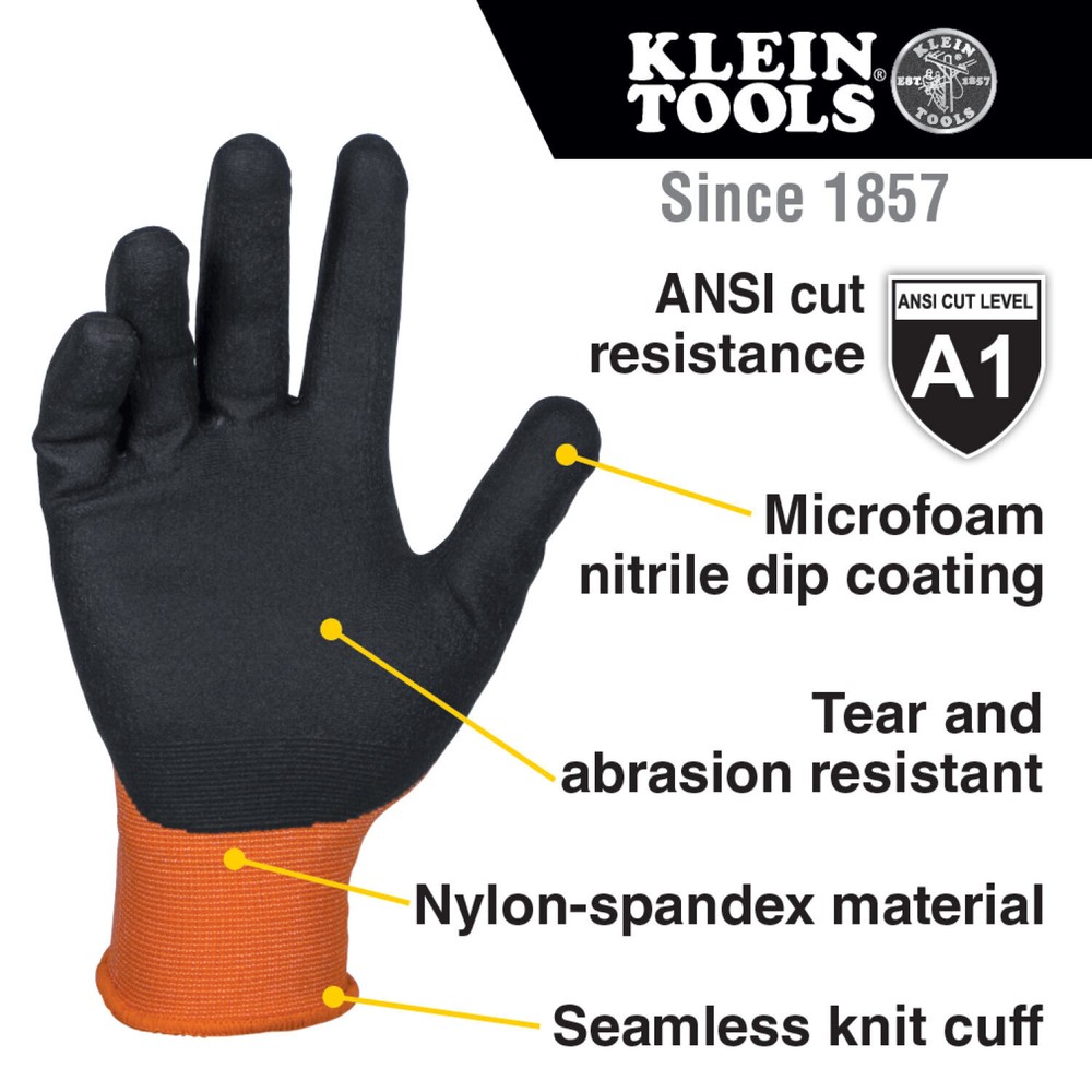 Klein Tools 60672 Knit Dipped Gloves, Cut Level A1, Touchscreen, Large, 1-Pair