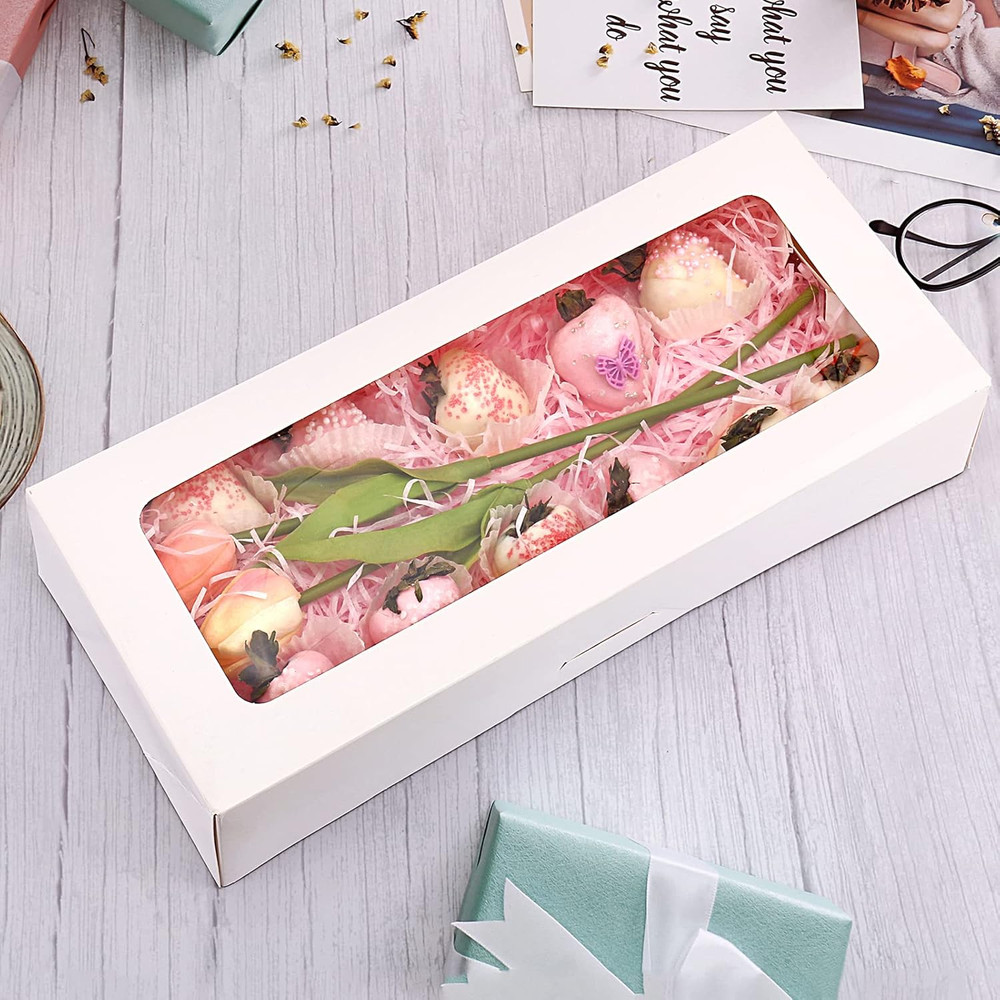 24-Pack 14" X 6" X 2.5" Cookie Boxes, Bakery Boxes with Window, Strawberry Boxes