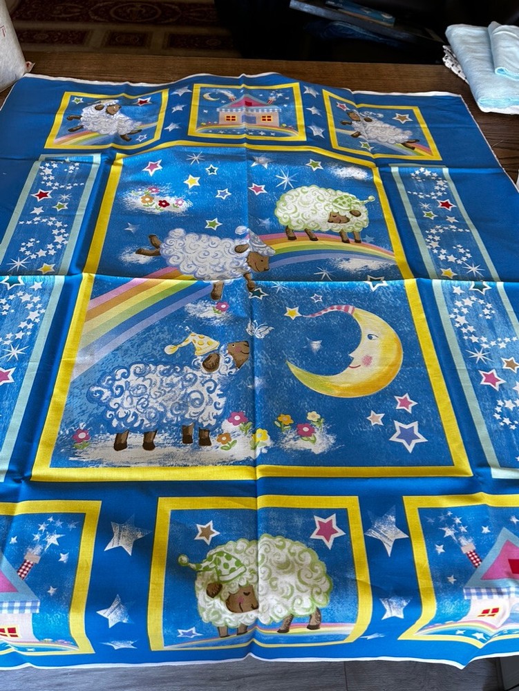 Sleepy Time Sheep, Moon, Stars, & Rainbow on Blue Crib Panel Corron Fabric OOP
