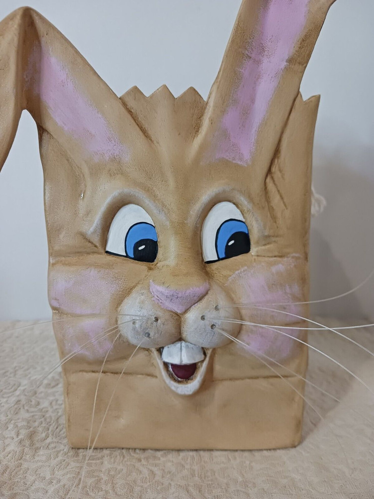9" Ceramic Easter Bunny Bag Candy Basket w/Rope Handle & Whiskers