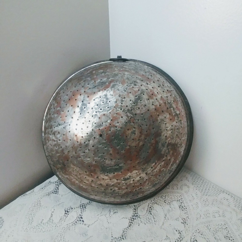 Antique Primitive Hand Hammered Large Copper Strainer / Colander w/Hanging Ring