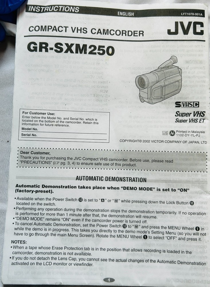 JVC GR-sxm250 MANUAL ONLY