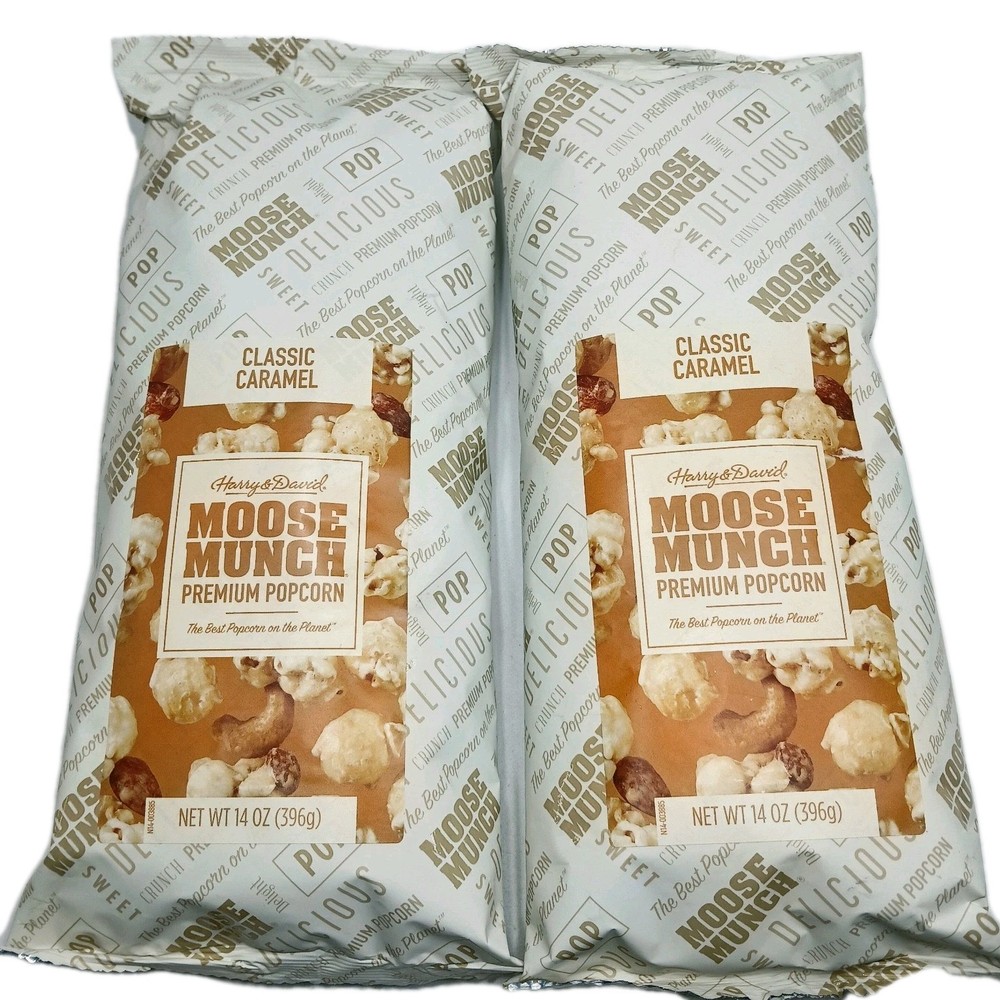 2- 14oz Harry & David Moose Munch Premium Popcorn Classic Caramel Exp.2027