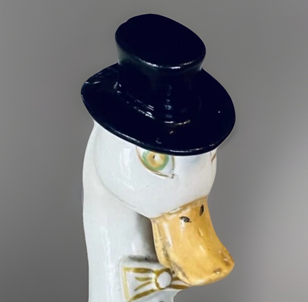 1920s Ceramic dapper duck anthropomorphic planter top hat bow tie 7” Tall