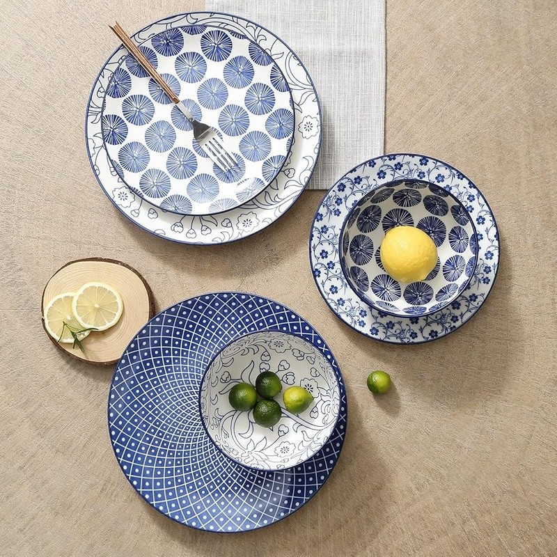 12 Piece Dinnerware Set Ceramic Plates Bowls Stackable Dishwasher Safe Floral US