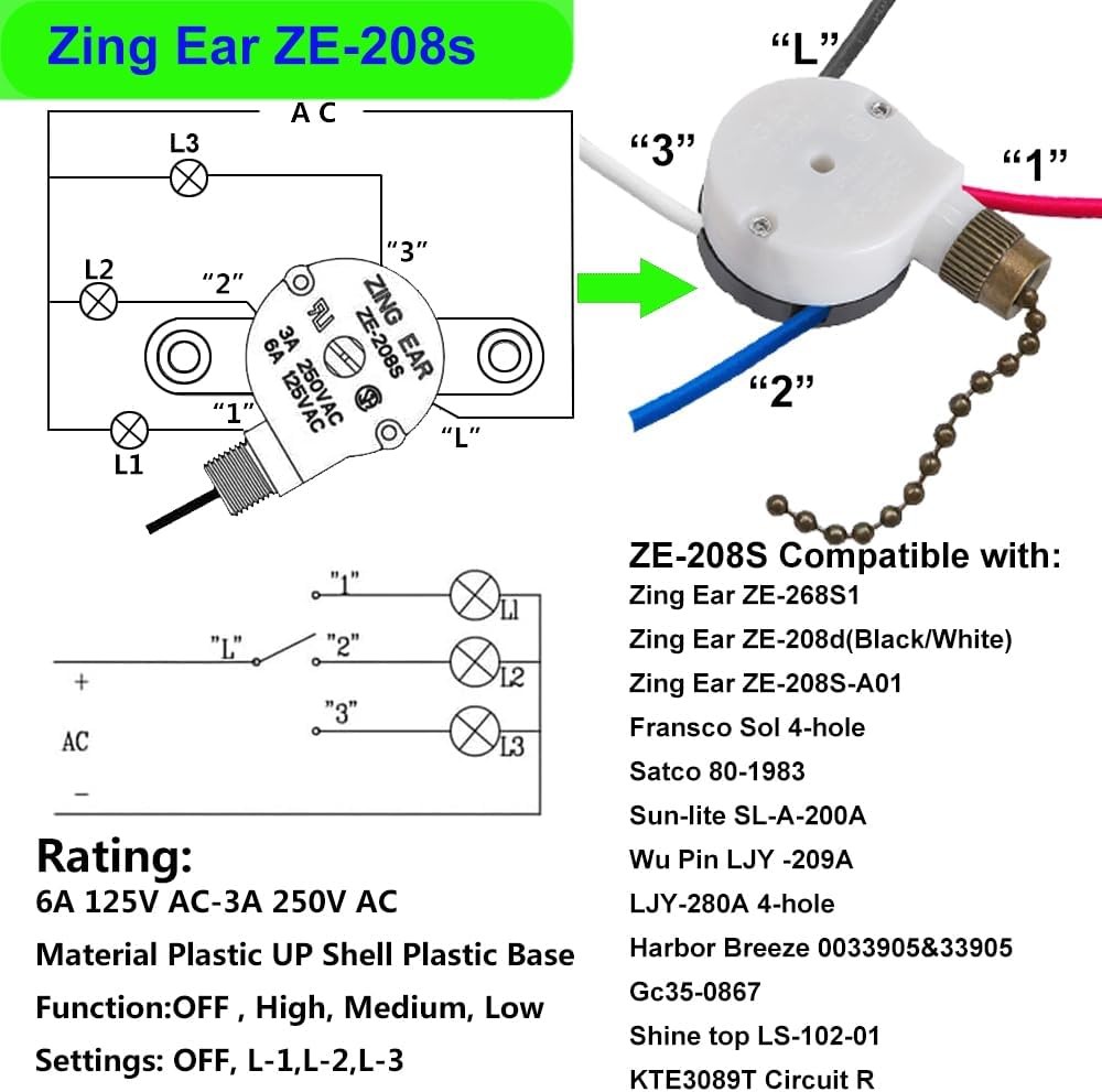 Ceiling Fan Switch Zing Ear ZE-208s E89885 3 Speed 4 Wire (Bronze)