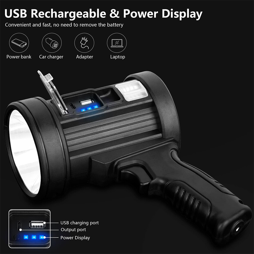 LED Flashlight 200000Lm Super Bright Searchlight Rechargeable Spotlight Handheld