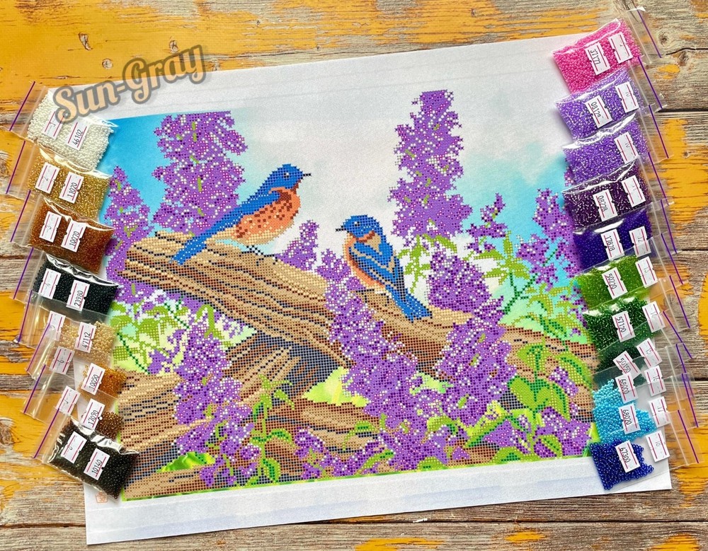 Bead Embroidery Kit Birds on a Lilac Branch DIY Beadwork Beaded Stitching